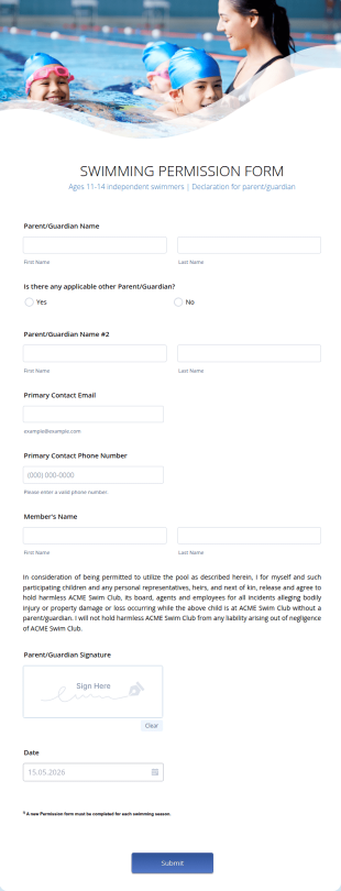 Swimming Permission Form Template