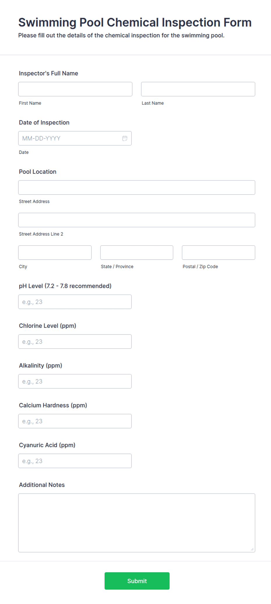 Swimming Pool Chemical Inspection Form Template | Jotform