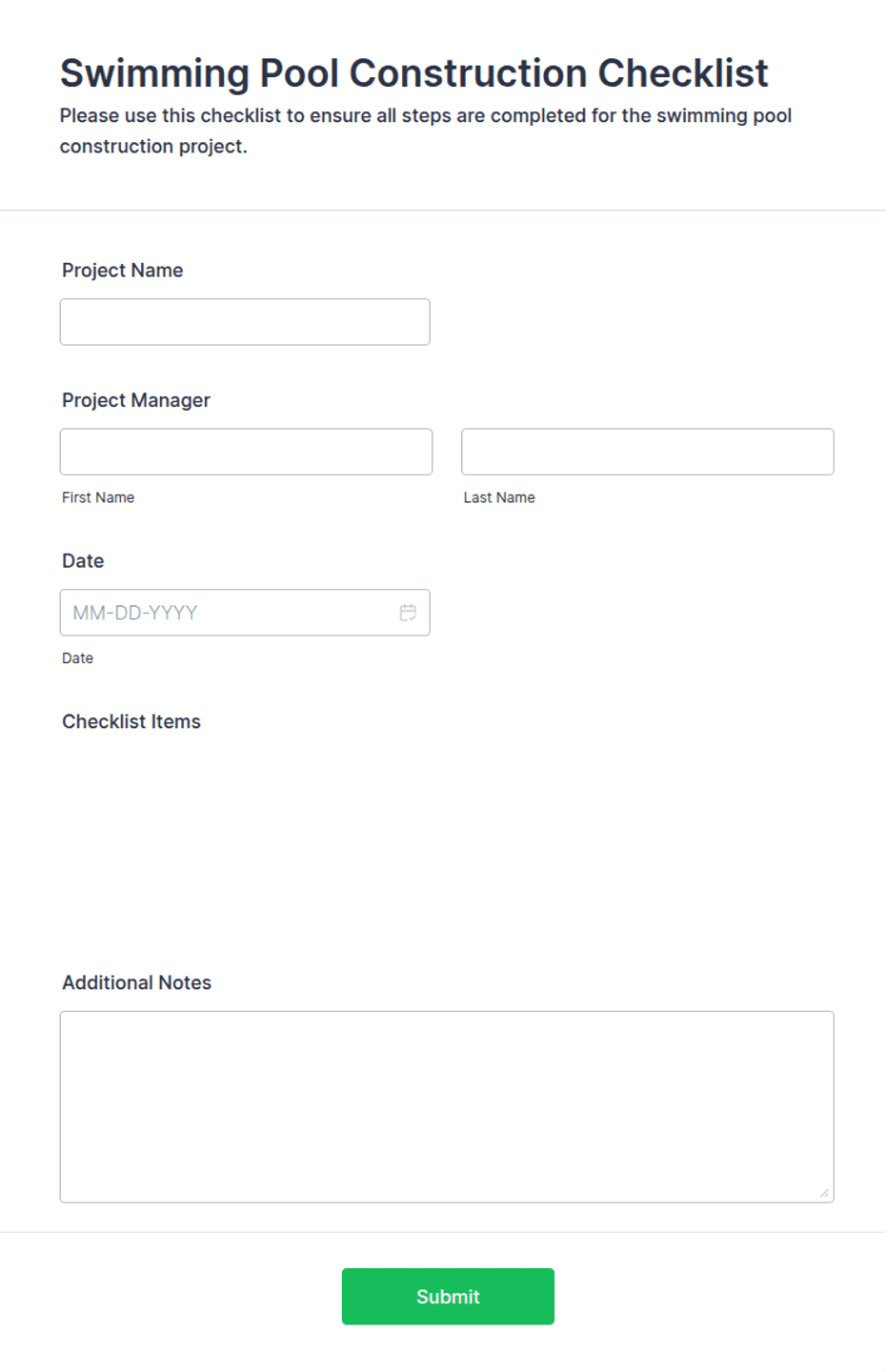 Swimming Pool Construction Checklist Form Template | Jotform