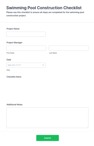 Swimming Pool Construction Checklist Form Template