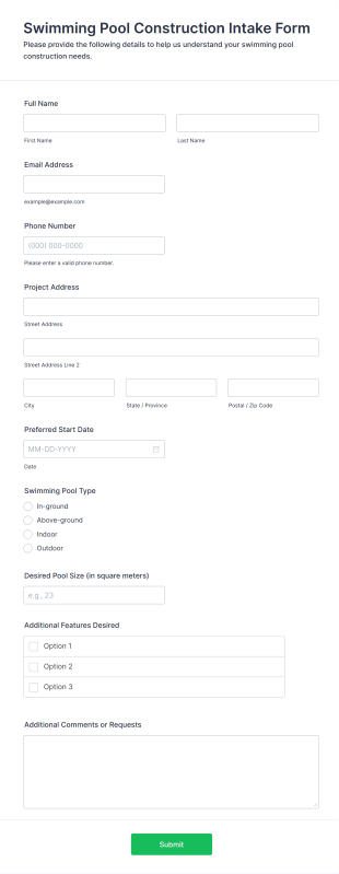 Swimming Pool Construction Intake Form Template
