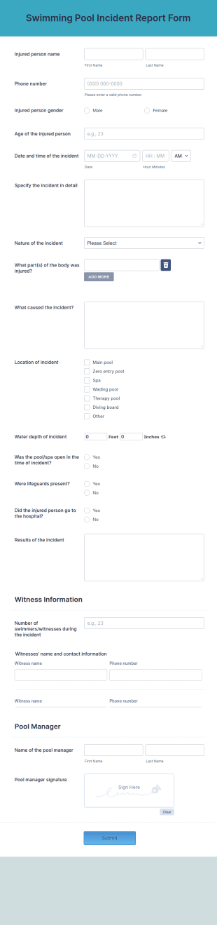 Swimming Pool Incident Report Form Template