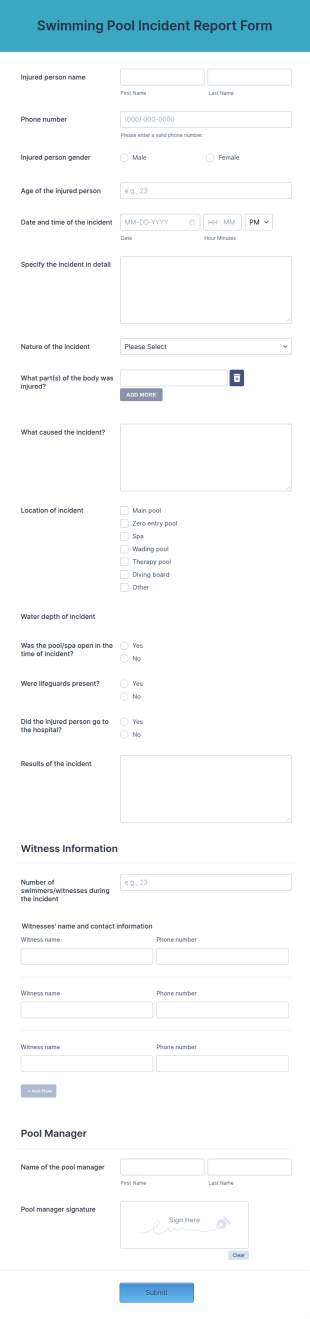 Swimming Pool Incident Report Form Template