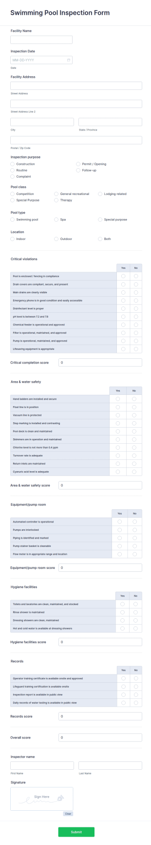 Swimming Pool Inspection Form Template