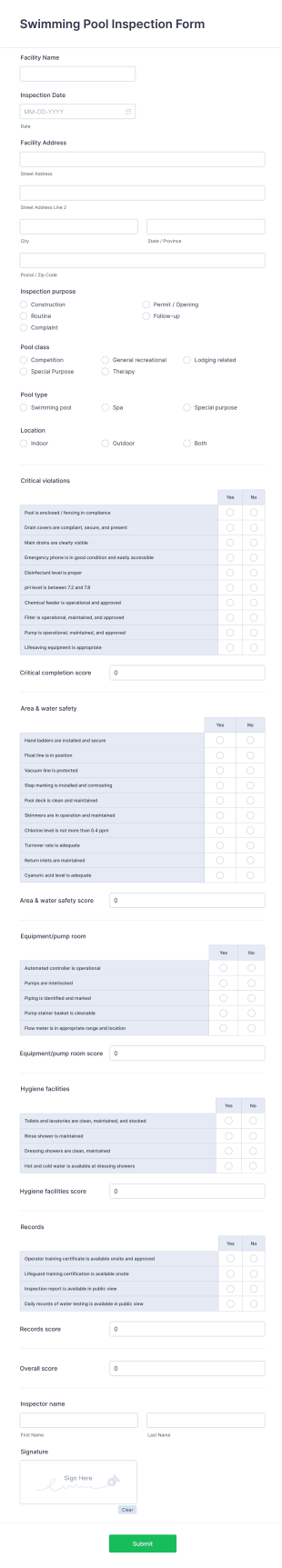 Swimming Pool Inspection Form Template