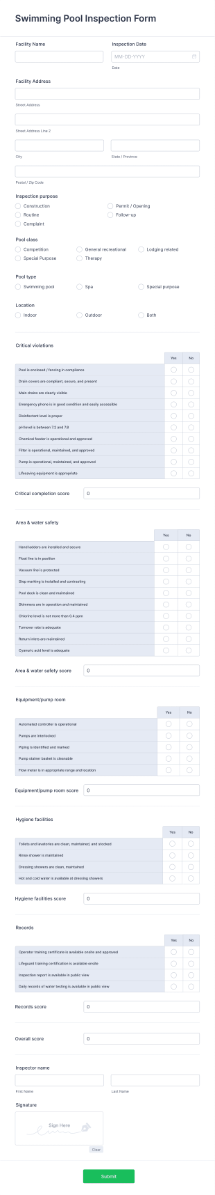 Swimming Pool Inspection Form Template