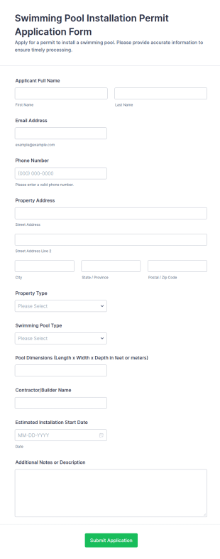 Swimming Pool Installation Permit Application Form Template