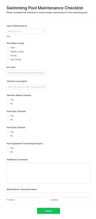 Swimming Pool Maintenance Checklist Form Template