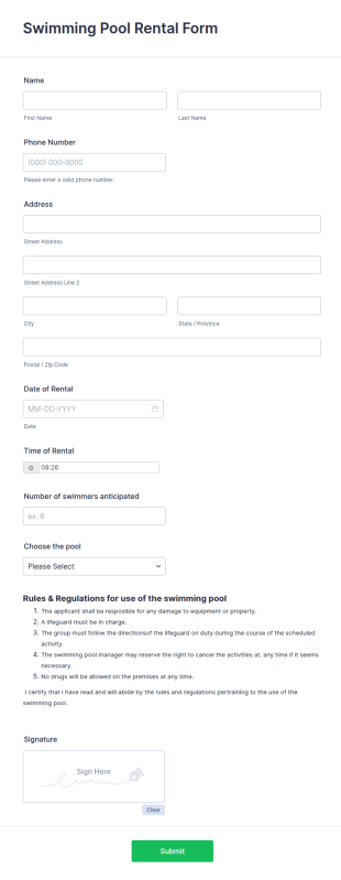 Swimming Pool Rental Form Template