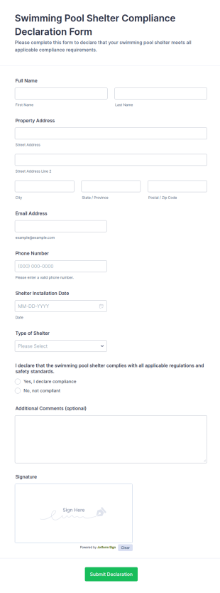 Swimming Pool Shelter Compliance Declaration Form Template