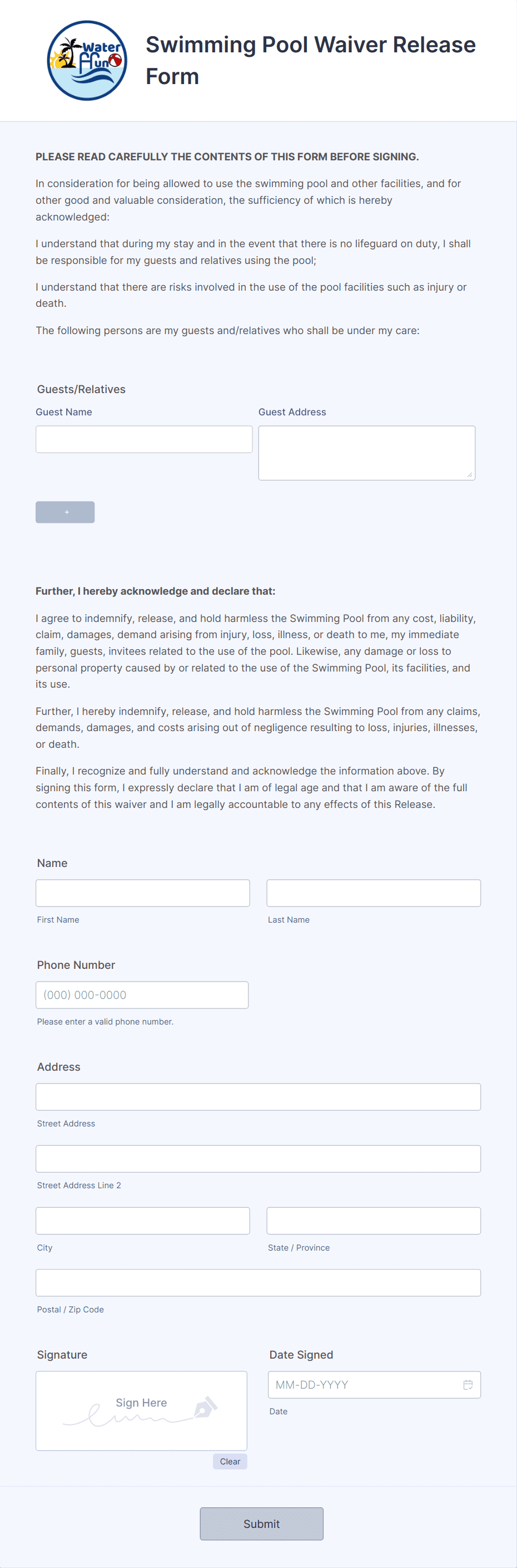Swimming Pool Waiver Release Form Template Jotform Swimming Pool Waiver Release Form Template Jotform