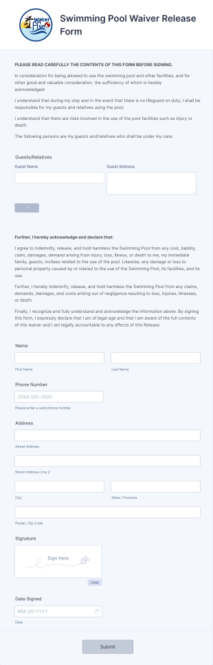 Swimming Pool Waiver Release Form Template