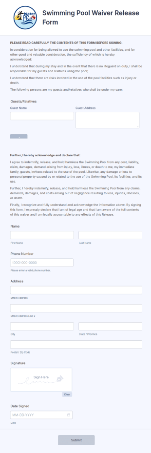 Swimming Pool Waiver Release Form Template