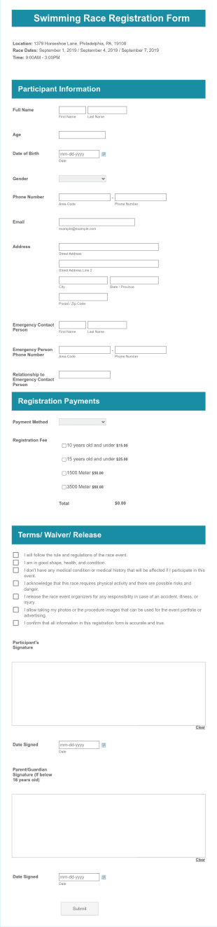 Swimming Race Registration Form Template