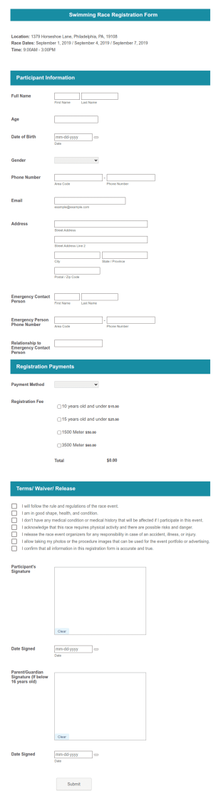 Swimming Race Registration Form Template
