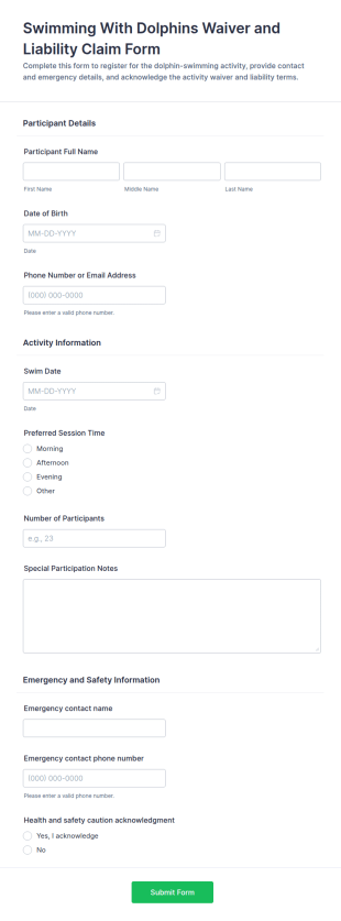 Swimming With Dolphins Waiver And Liability Claim Form Template