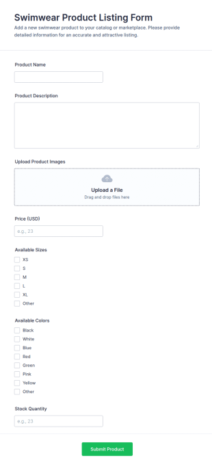 Swimwear Product Listing Form Template