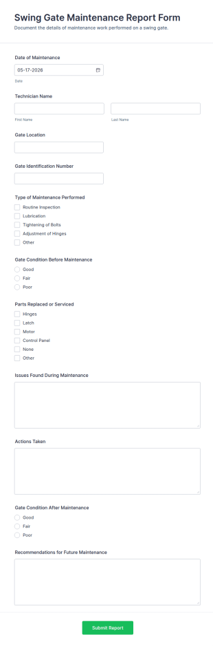 Swing Gate Maintenance Report Form Template