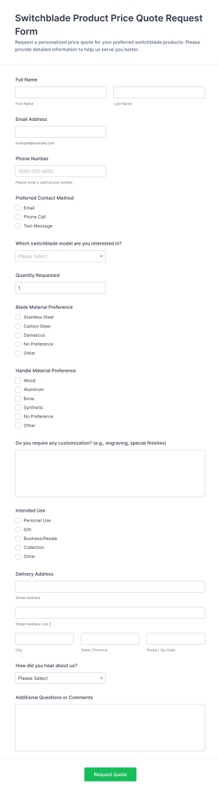 Switchblade Product Price Quote Request Form Template