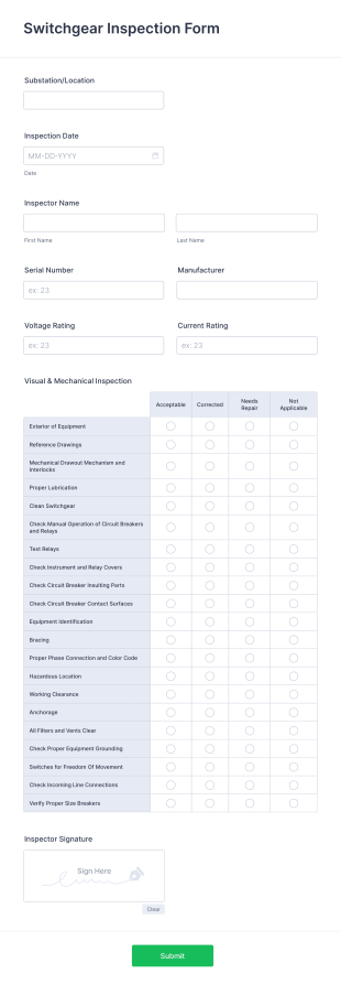 Switchgear Inspection Form Template