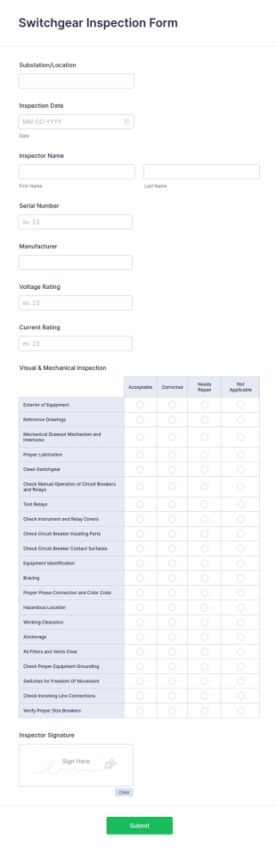 Switchgear Inspection Form Template