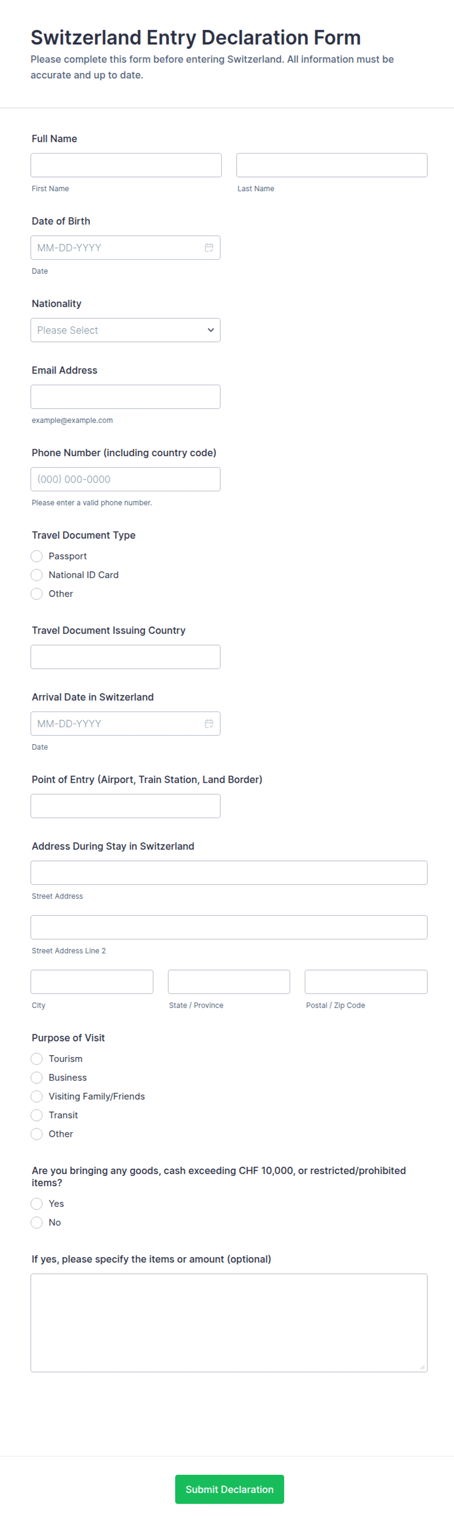 Switzerland Entry Declaration Form Template | Jotform