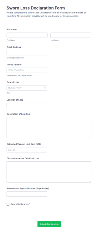 Sworn Loss Declaration Form Template