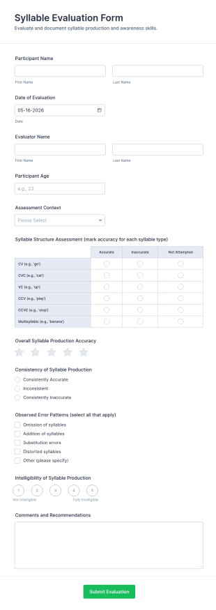 Syllable Evaluation Form Template