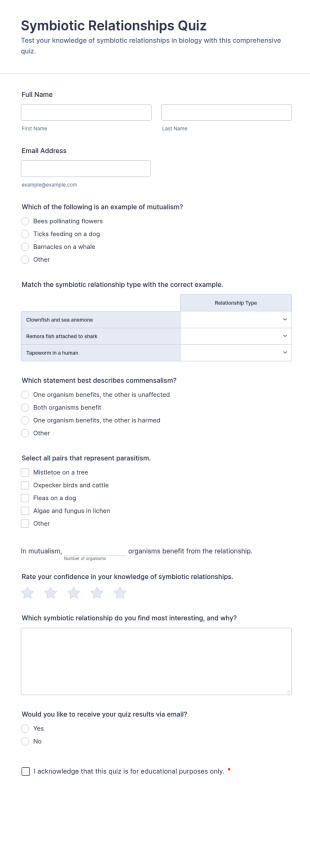 Symbiotic Relationships Quiz Form Template