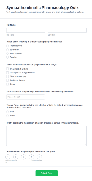 Sympathomimetic Pharmacology Quiz Form Template
