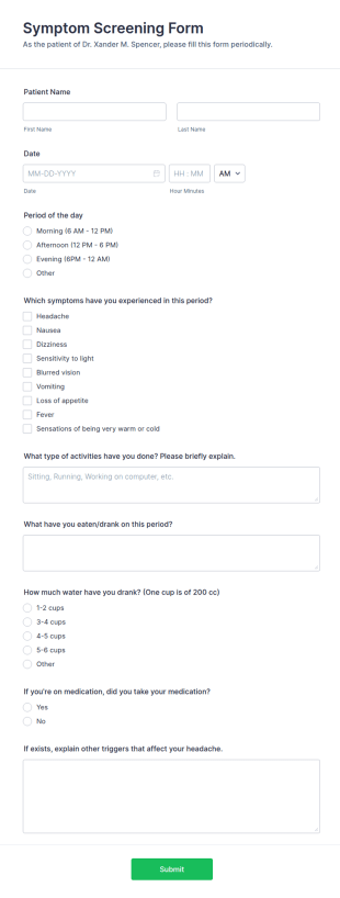 Symptom Screening Form Template