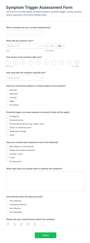 Symptom Trigger Assessment Form Template