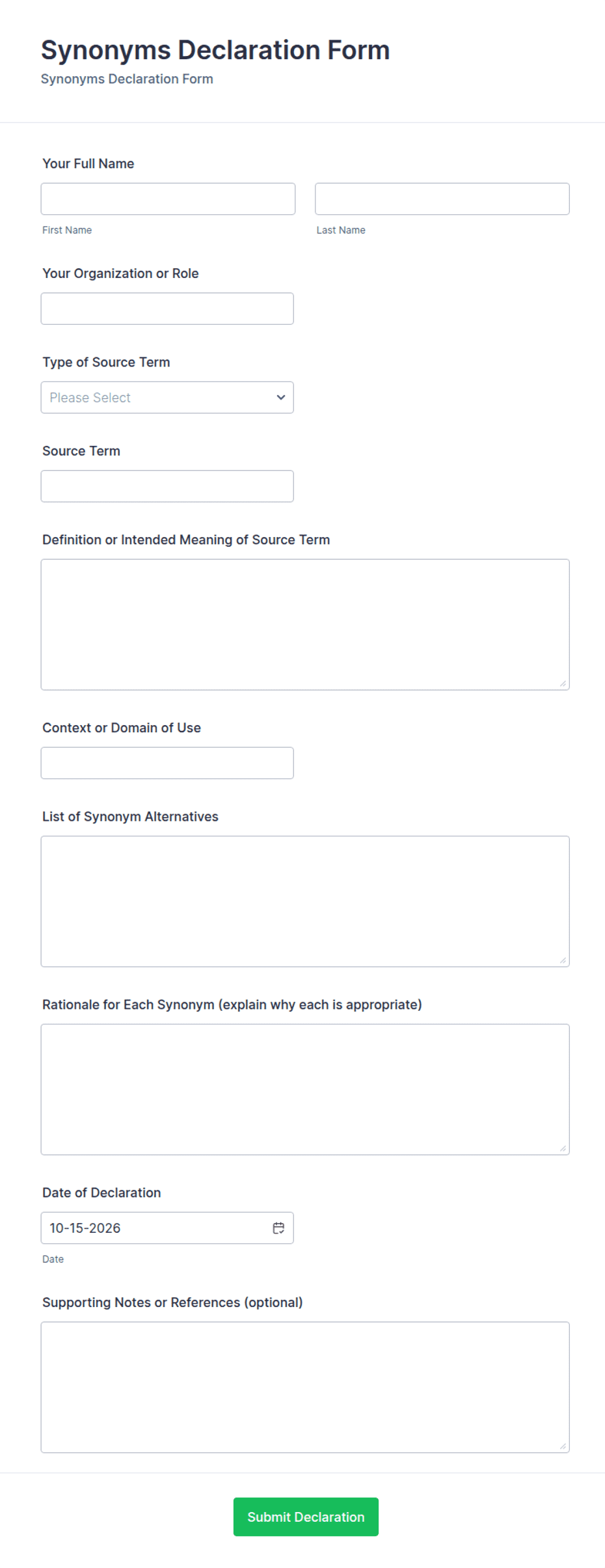 Synonyms Declaration Form Template | Jotform