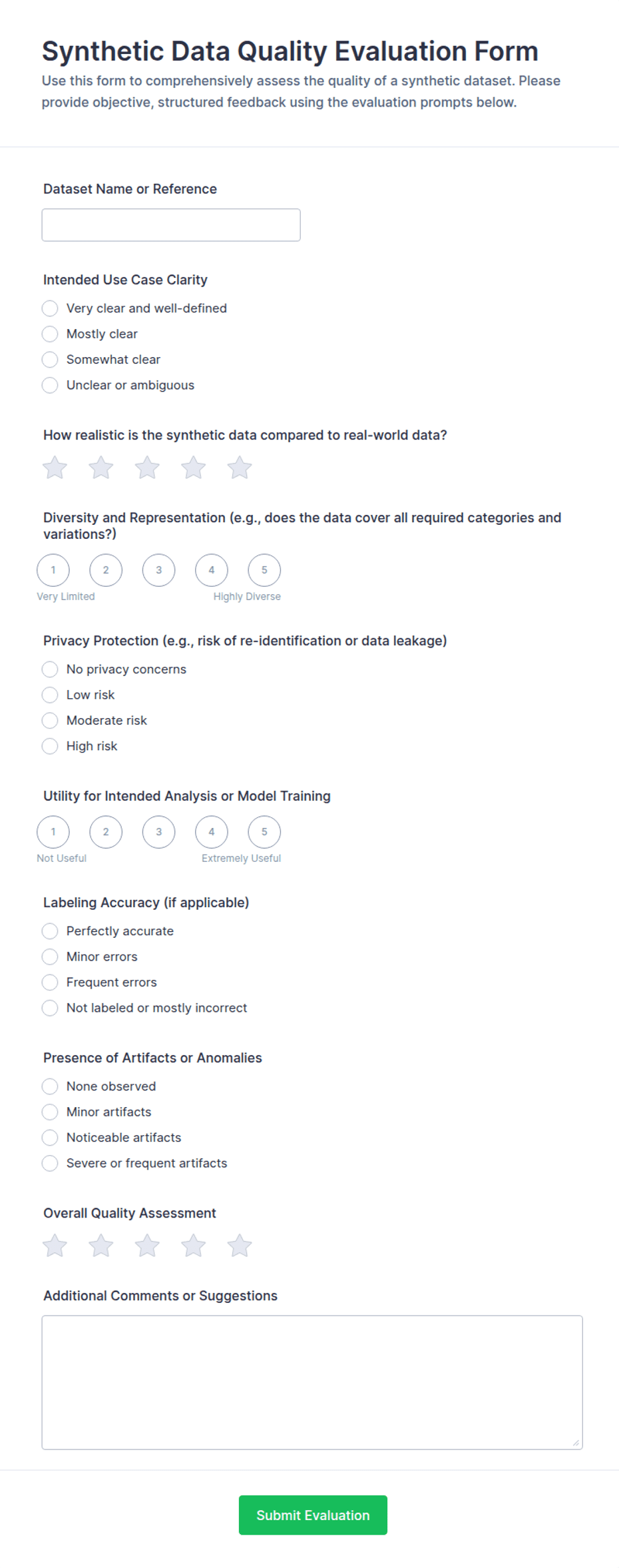 Synthetic Data Quality Evaluation Form Template | Jotform
