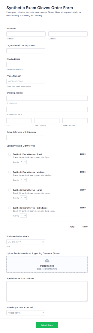 Synthetic Exam Gloves Order Form Template