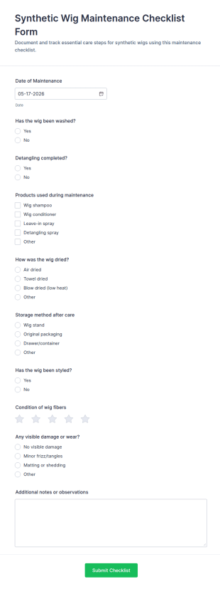 Synthetic Wig Maintenance Checklist Form Template
