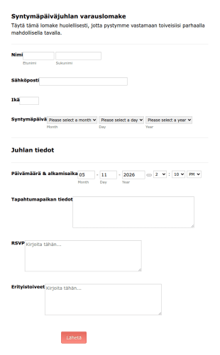 Syntymäpäiväjuhla Lomake
