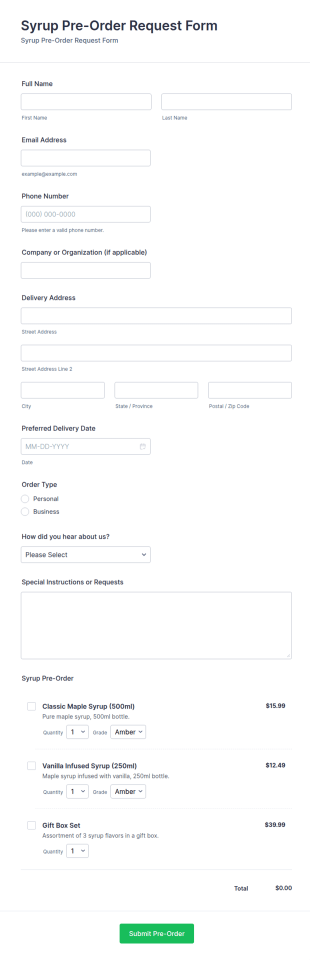 Syrup Pre Order Request Form Template