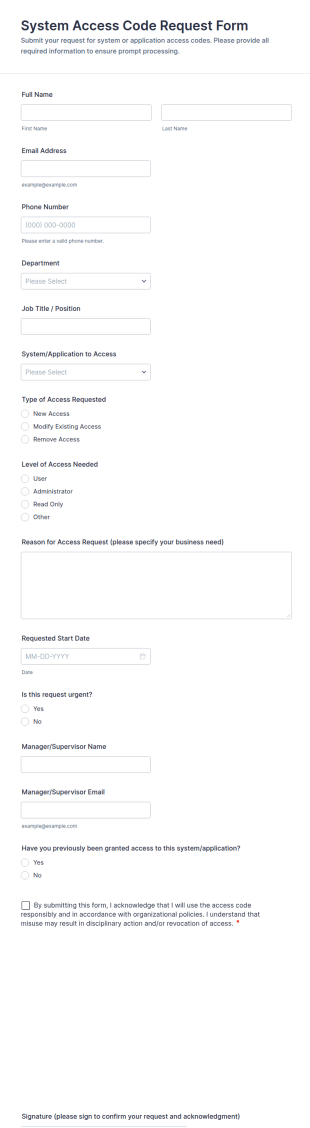 System Access Code Request Form Template