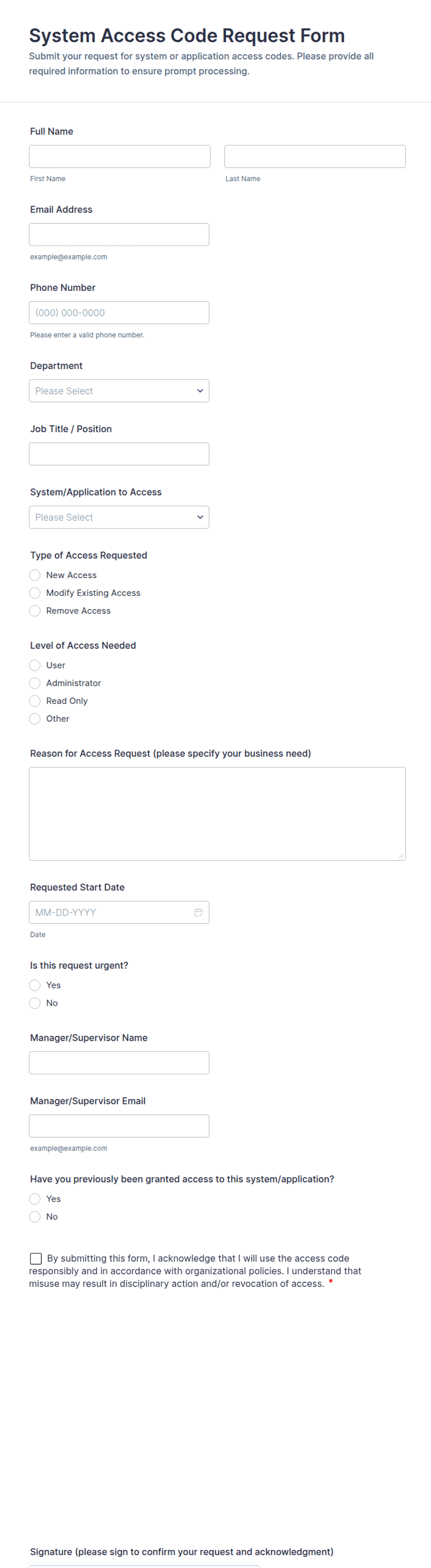 System Access Code Request Form Template | Jotform