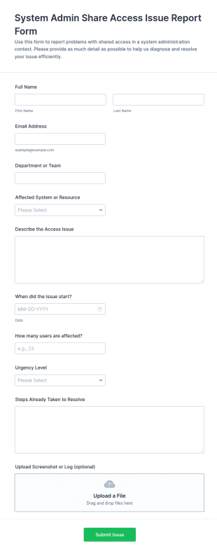 System Admin Share Access Issue Report Form Template