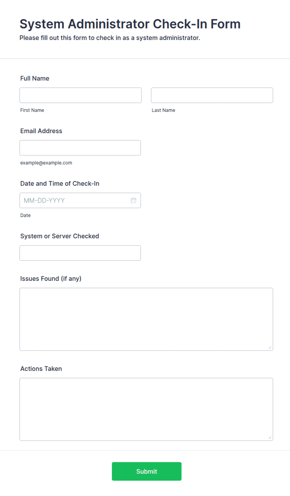 Manager Check In Form System Administrator Check-In Form Template | Jotform
