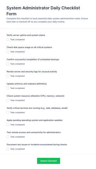 System Administrator Daily Checklist Form Template