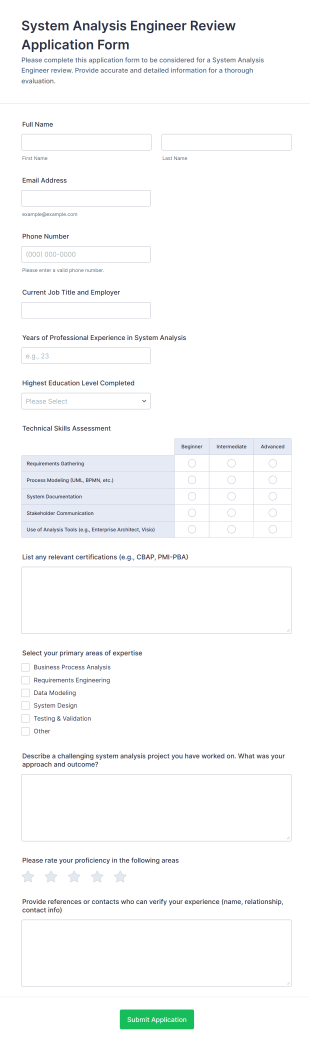 System Analysis Engineer Review Application Form Template