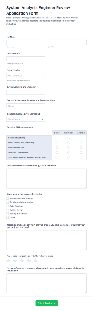 System Analysis Engineer Review Application Form Template