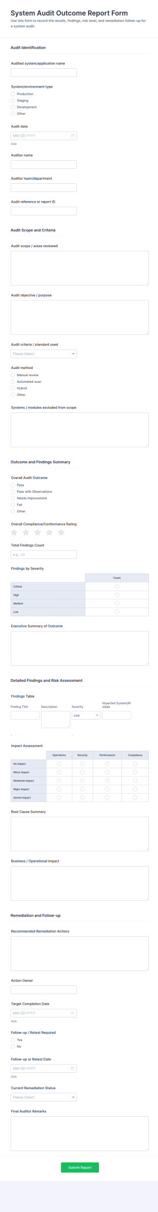 System Audit Outcome Report Form Template
