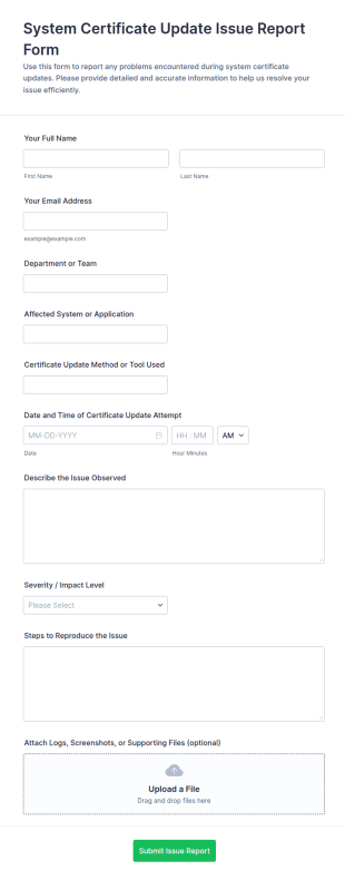 System Certificate Update Issue Report Form Template
