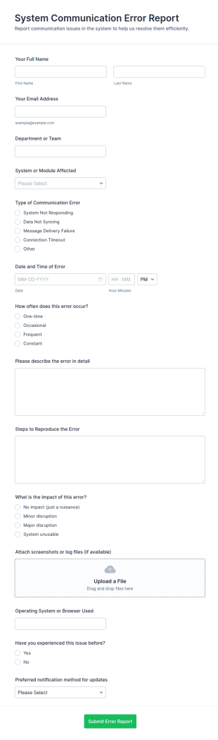 System Communication Error Report Form Template