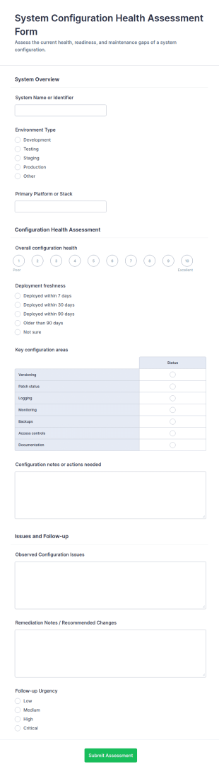 System Configuration Health Assessment Form Template
