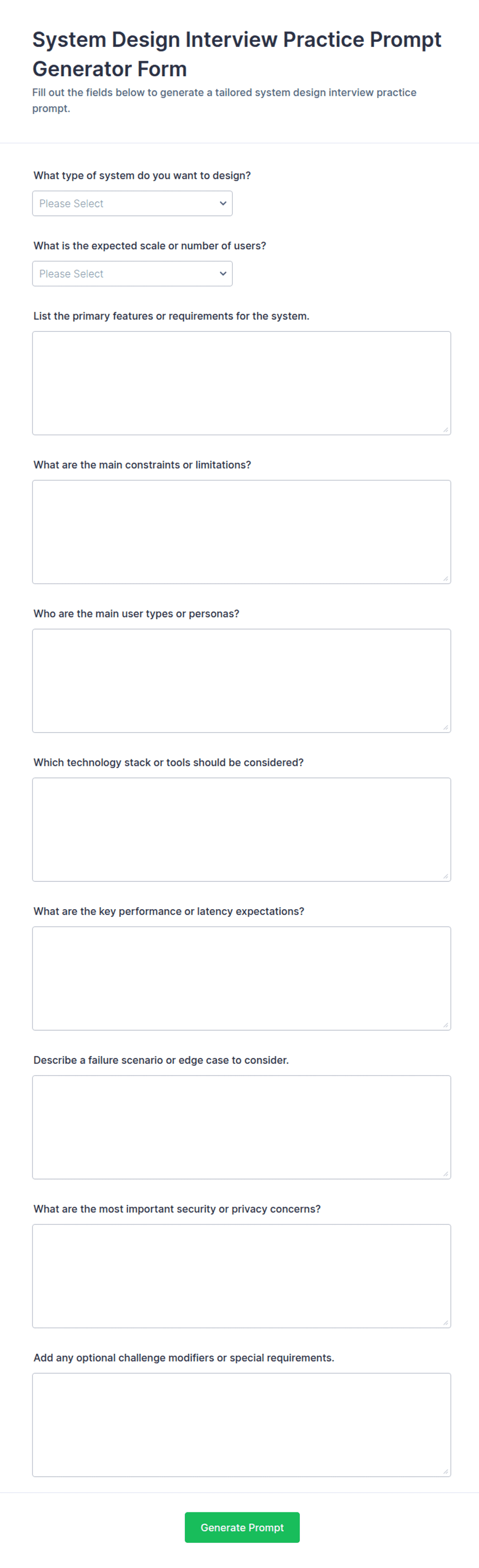 System Design Interview Practice Prompt Generator Form Template | Jotform